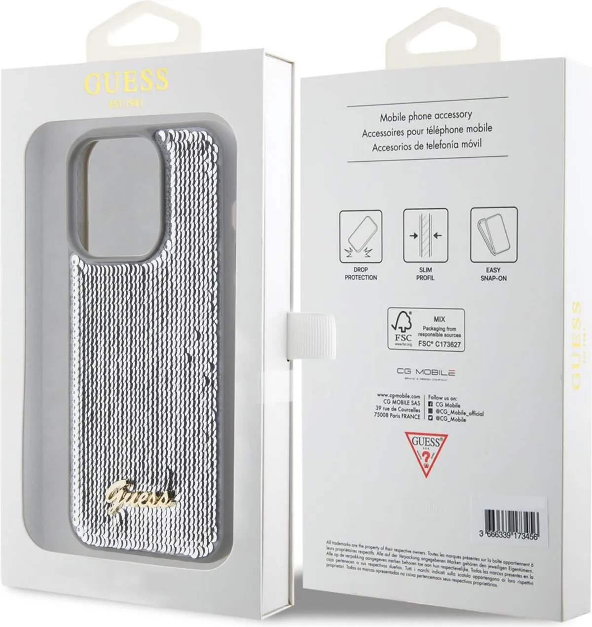 Guess Sequin Script Case with Guess Metal Logo for iPhone 15 Promax - Silver