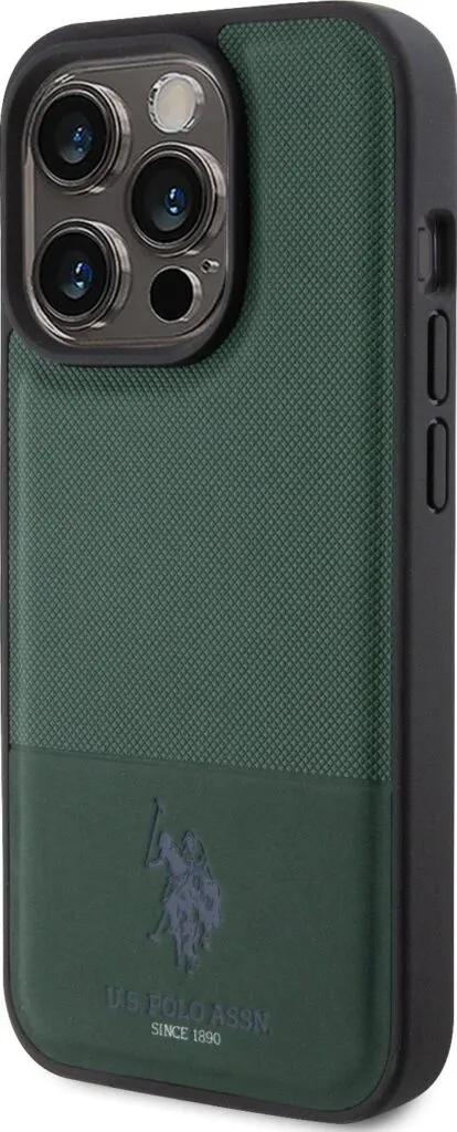 U.S. Polo Assn PU Leather Mesh Pattern DH Case for iPhone 15 Pro Max - Green
