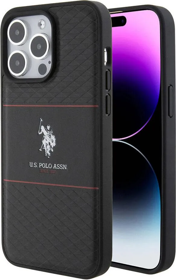 U.S. Polo Assn. PU HS Pattern DH Stripe Hard Case for iPhone 15 Pro Max - Black