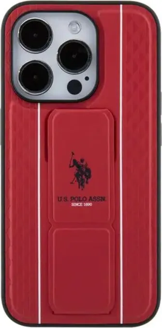 U.S.Polo Assn. PU Leather Textured Pattern Gripstand Case for iPhone 15 Pro - Red