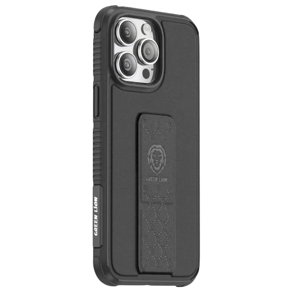 Hülle mit Leder-Handgelenk-/Band-Ständer für Apple iPhone 14 6.1 Schwarzer Griff Schwarze Hülle