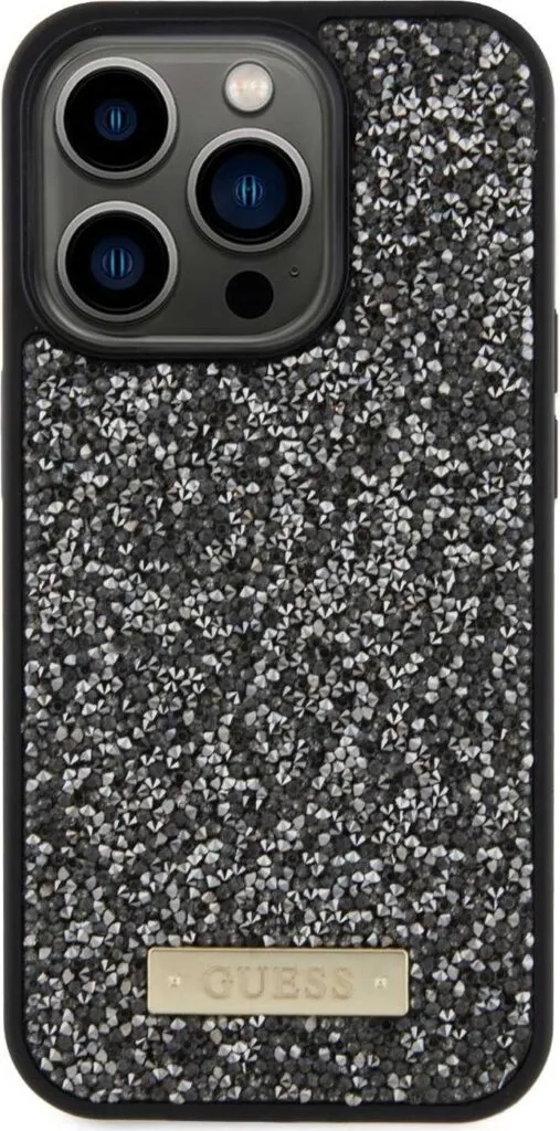 Guess Rhinestone Case with Metal Logo for iPhone 15 Pro - Black
