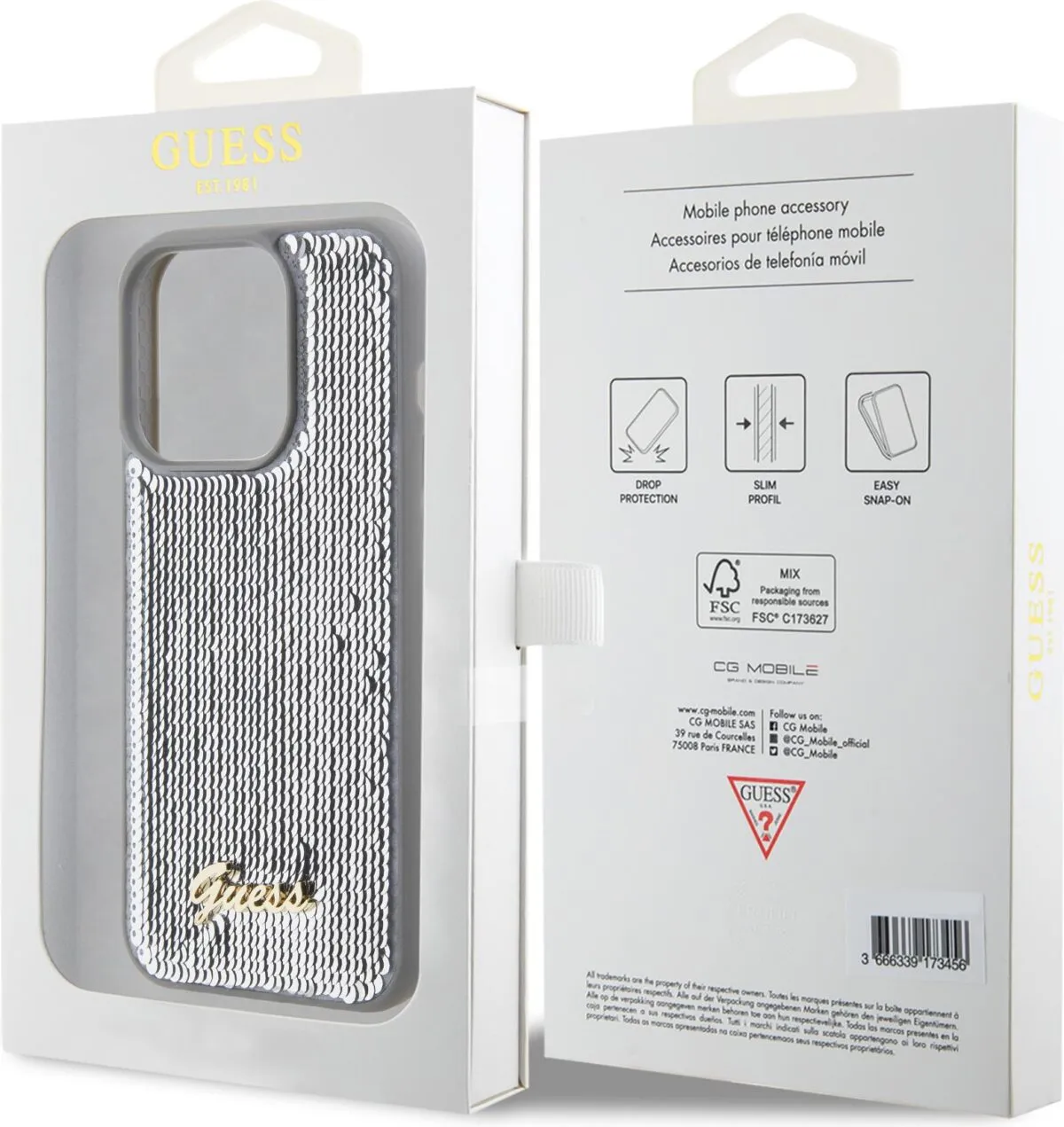 Guess Sequin Script Case with Guess Metal Logo for iPhone 15 Pro - Silver