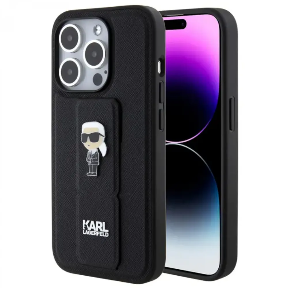 Karl Lagerfeld Leder Grip Hülle für Apple iPhone 15 Pro - Schwarz