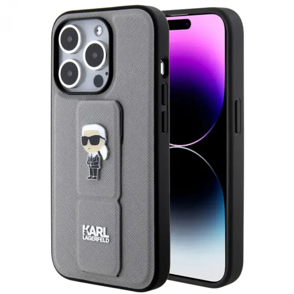 Karl Lagerfeld Leder Grip Hülle für Apple iPhone 15 Pro - Schwarz