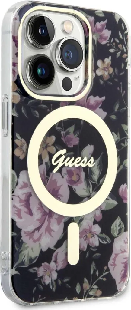 Guess Magsafe Hülle with Flower Pattern für iPhone 15 Pro - Schwarz