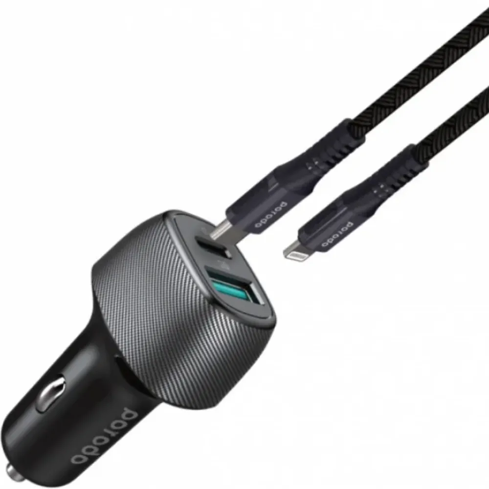 Porodo Dual Port Autoladegerät Typ-C auf Lightning Kabel - Schwarz