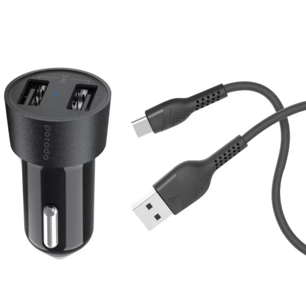Porodo Dual-Port USB-C Autoladegerät 3.4A 1.2m - Schwarz