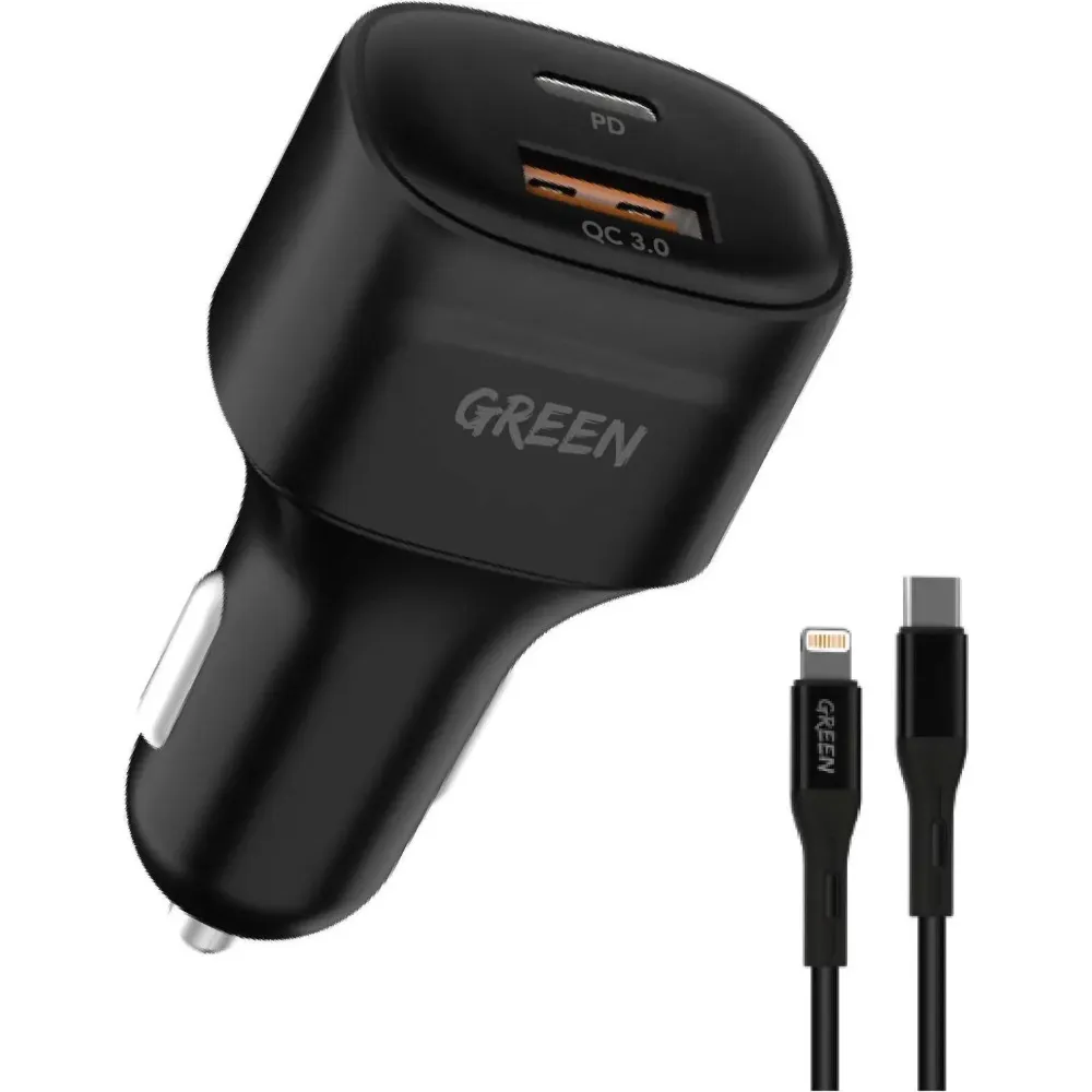 Green Lion Dual Port Autoladegerät Typ-C auf Lightning 20W - Schwarz