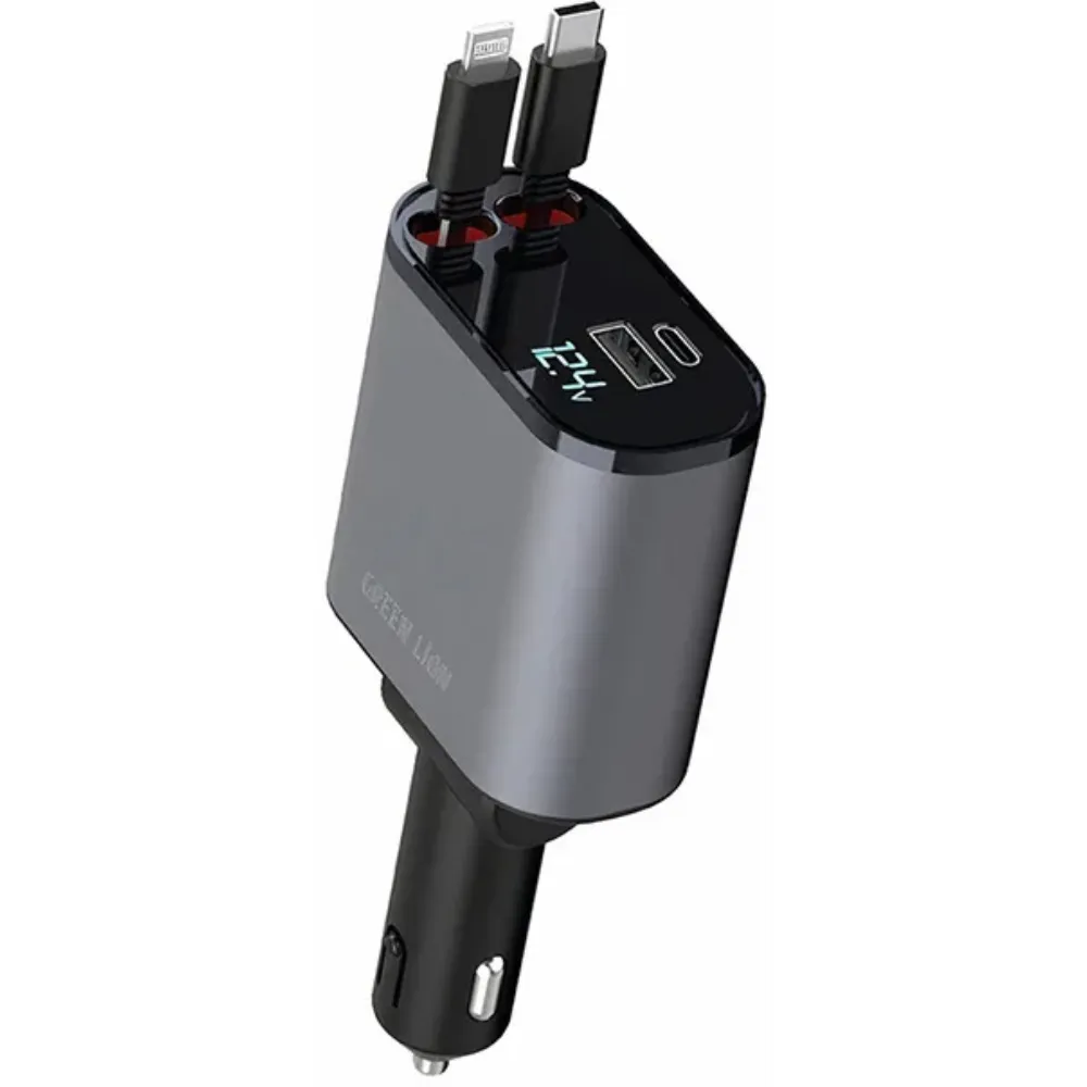 Green Lion Integriertes Autoladegerät mit einziehbaren Kabeln 38W - Grau