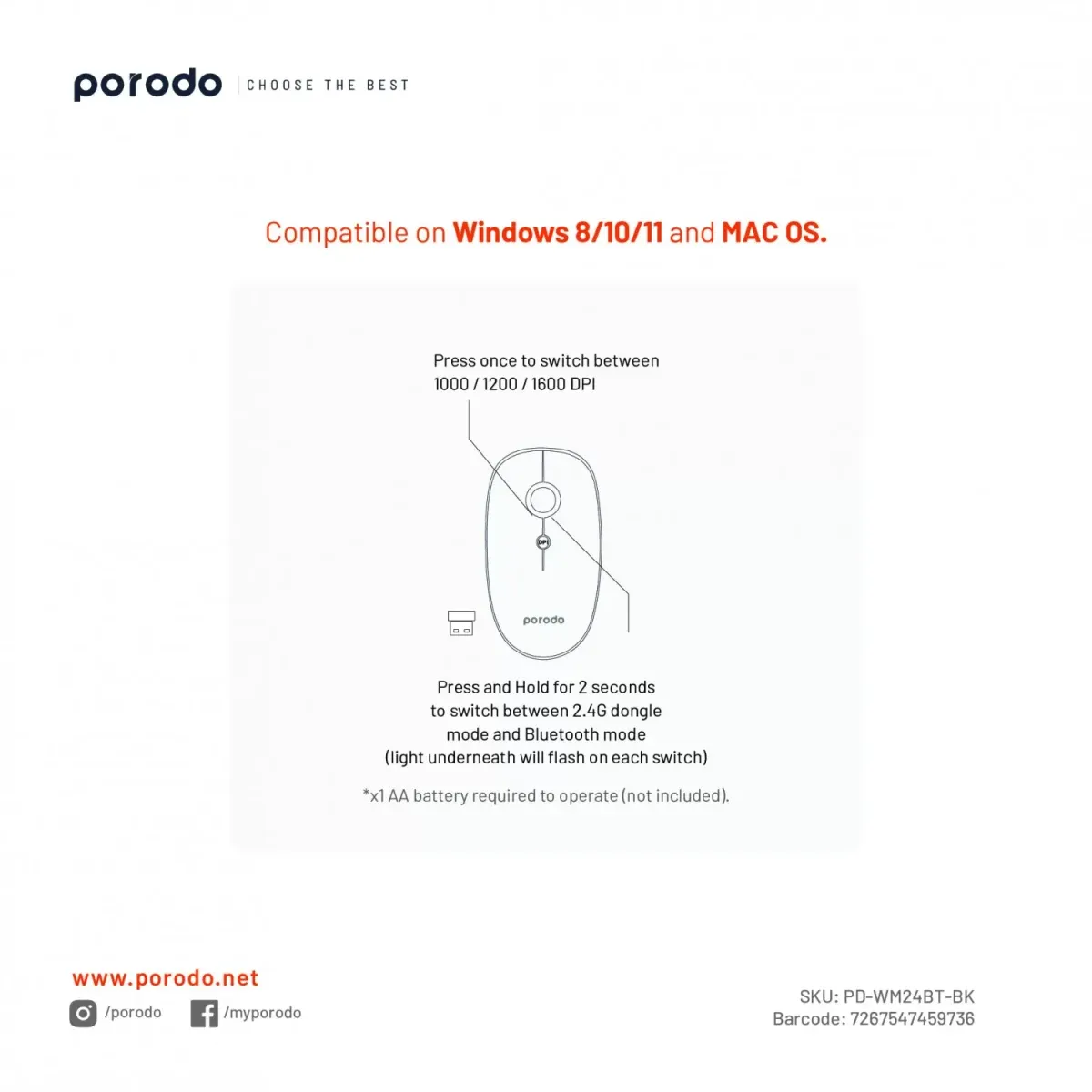 Porodo 2 in 1 Wireless Bluetooth Mouse