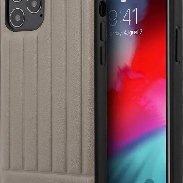 BMW PC/TPU Shiny Hard Case Genuine Leather with Vertical Hot Stamped Lines for iPhone 12 Pro - Brown
