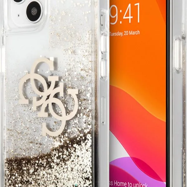 Guess Liquid Glitter Case 4G Electroplated Logo For iPhone 13 (6.1) - Gold