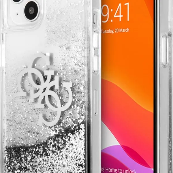 Guess Liquid Glitter Case 4G Electroplated Logo For iPhone 13 (6.1) - Silver