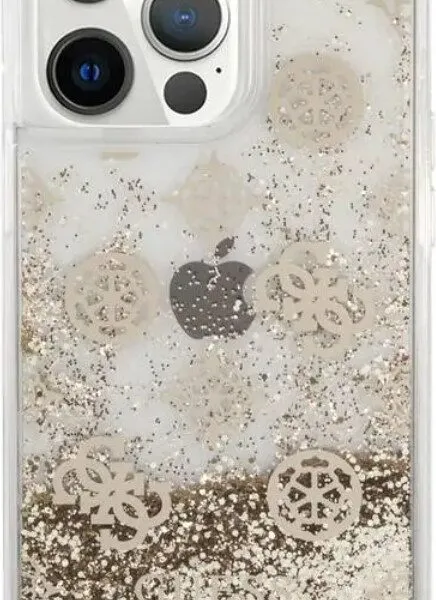 Guess Liquid Glitter Case Electroplated Peony Logo For iPhone 13 Pro Max (6.7) - Gold