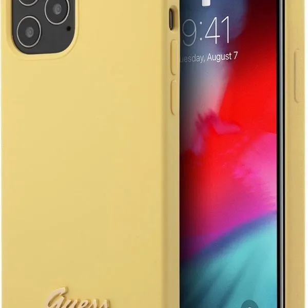 Guess Liquid Silicone Case w/ Metal Logo Script for iPhone 12 Pro - Yellow