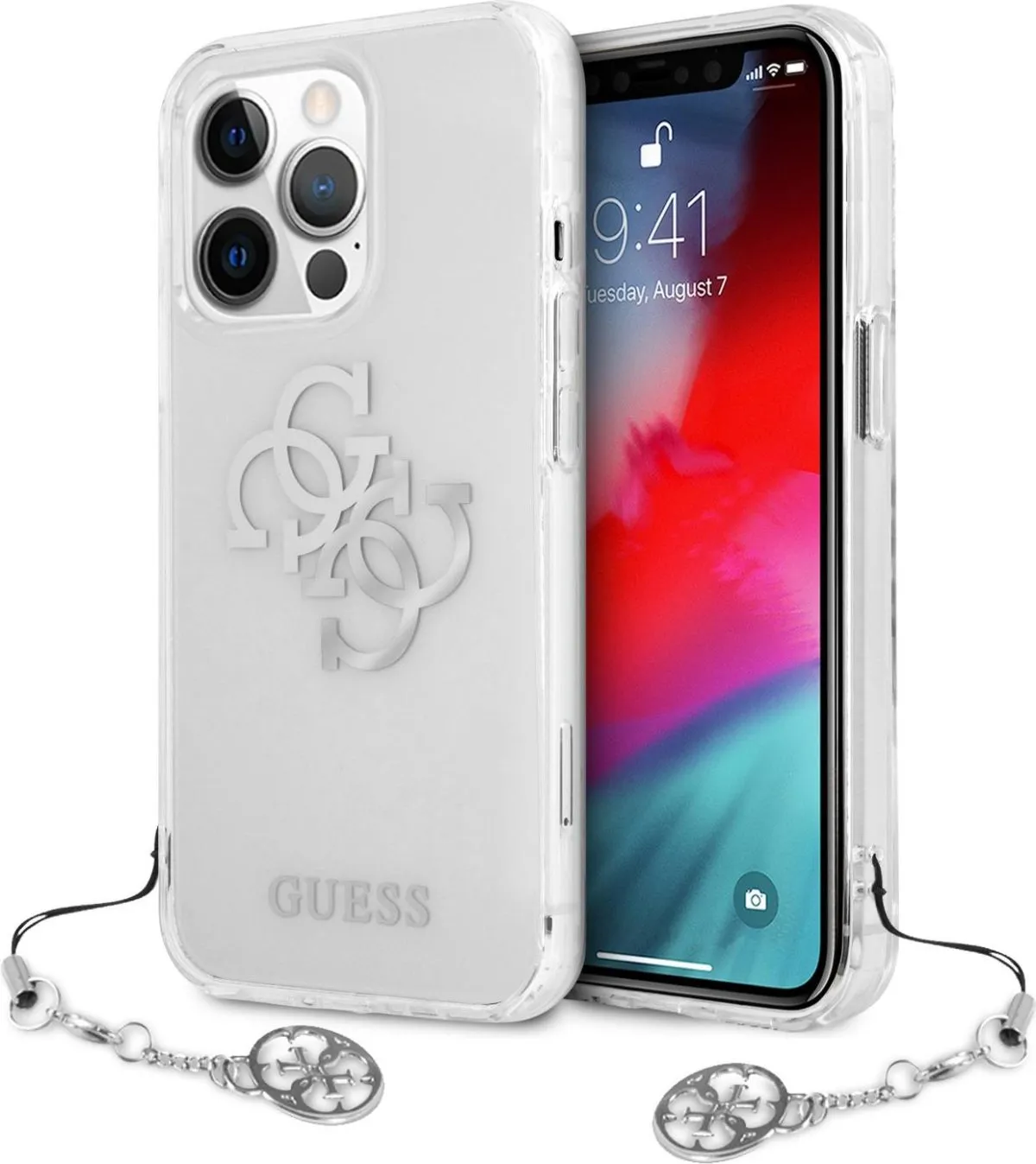 Guess PC/TPU Case Transparent 4G Electroplated Logo With Charm For iPhone 13 Pro (6.1) - Silver