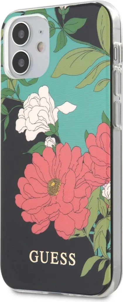 Guess PC/TPU Flower Collerction Shiny Pattern Case for iPhone 12 - Black