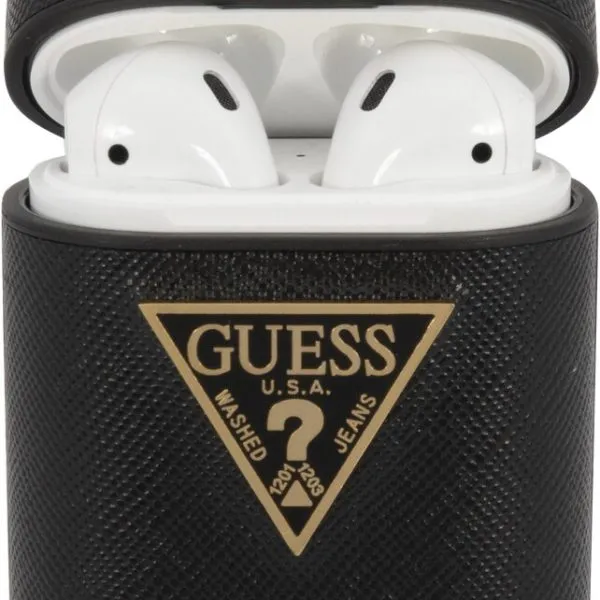 Guess PU Saffiano Round Shape Case with Metal Logo for Airpods 1/2