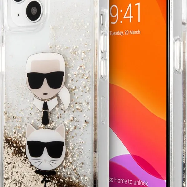Karl Lagerfeld Liquid Glitter Case And Karl And Choupette Head For iPhone 13 (6.1) - Gold