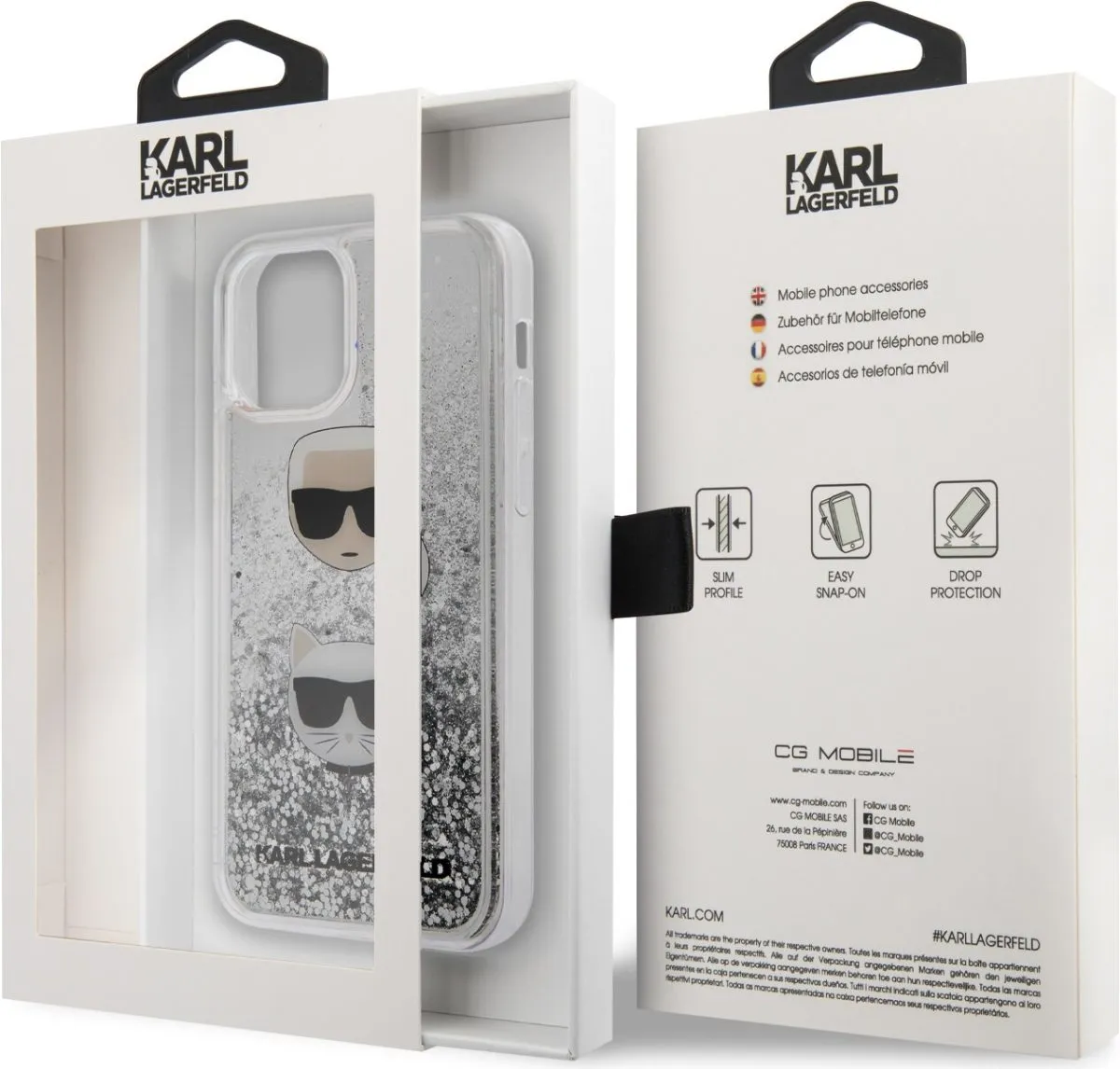 Karl Lagerfeld Liquid Glitter Case Karl and Choupette Heads for Apple iPhone 12 Pro - Silver