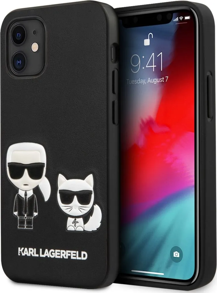 Karl Lagerfeld PC/TPU PU Leather Case Karl and Choupette Bodies Embossed for Apple iPhone 12 - Black