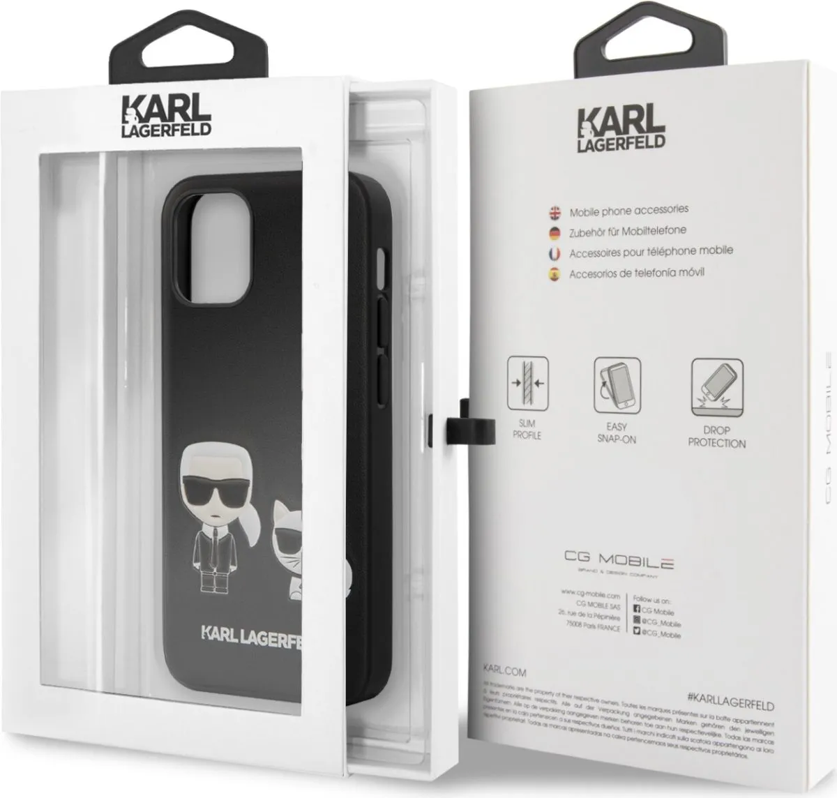 Karl Lagerfeld PC/TPU PU Leather Case Karl and Choupette Bodies Embossed for Apple iPhone 12 - Black