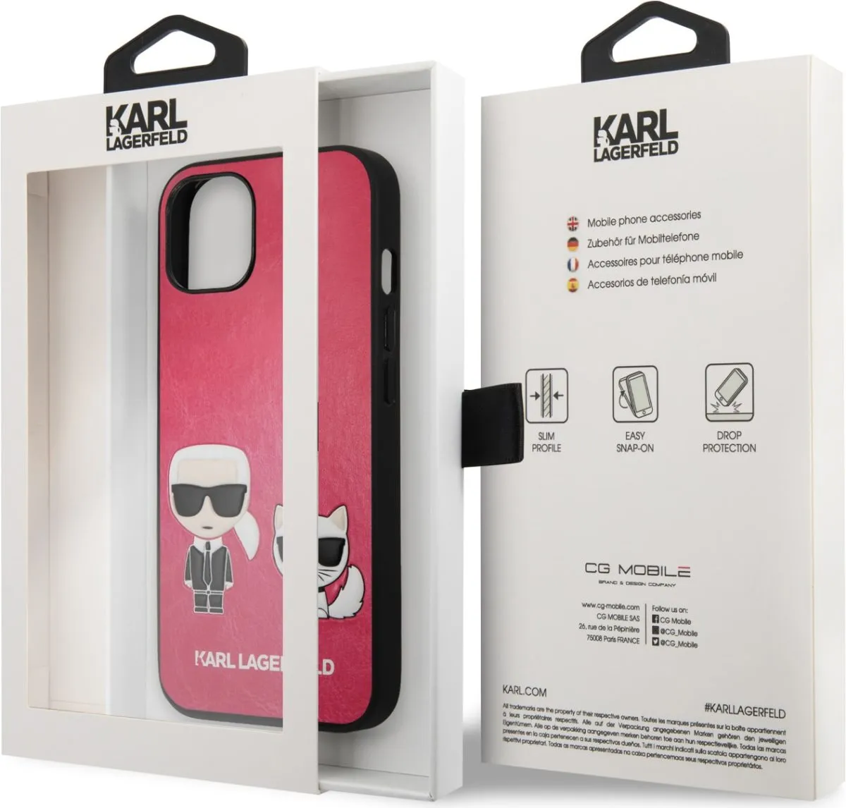 Karl Lagerfeld PU Leather Case Karl & Choupette Bodies Embossed For iPhone 13 (6.1) - Fuschia