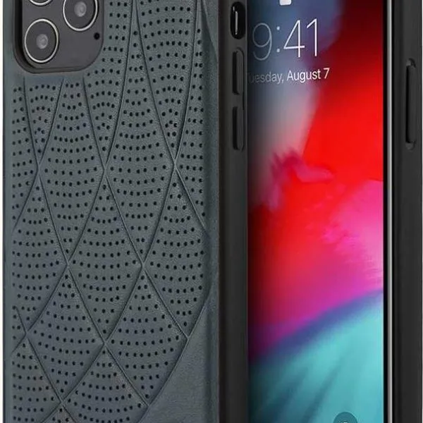 Mercedes-Benz Genuine Leather Hard Case Quilted Perforated Leather and Metal Star Logo for iPhone 12 Pro Max - Abyss Blue