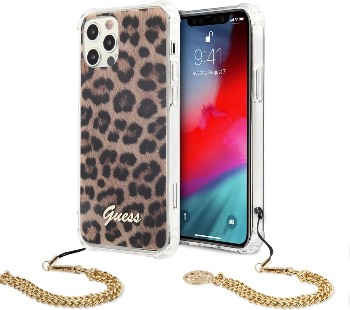 PC Leopard Hard Case with Charm Chain Handle and Printed Script Logo for iPhone 12 Pro