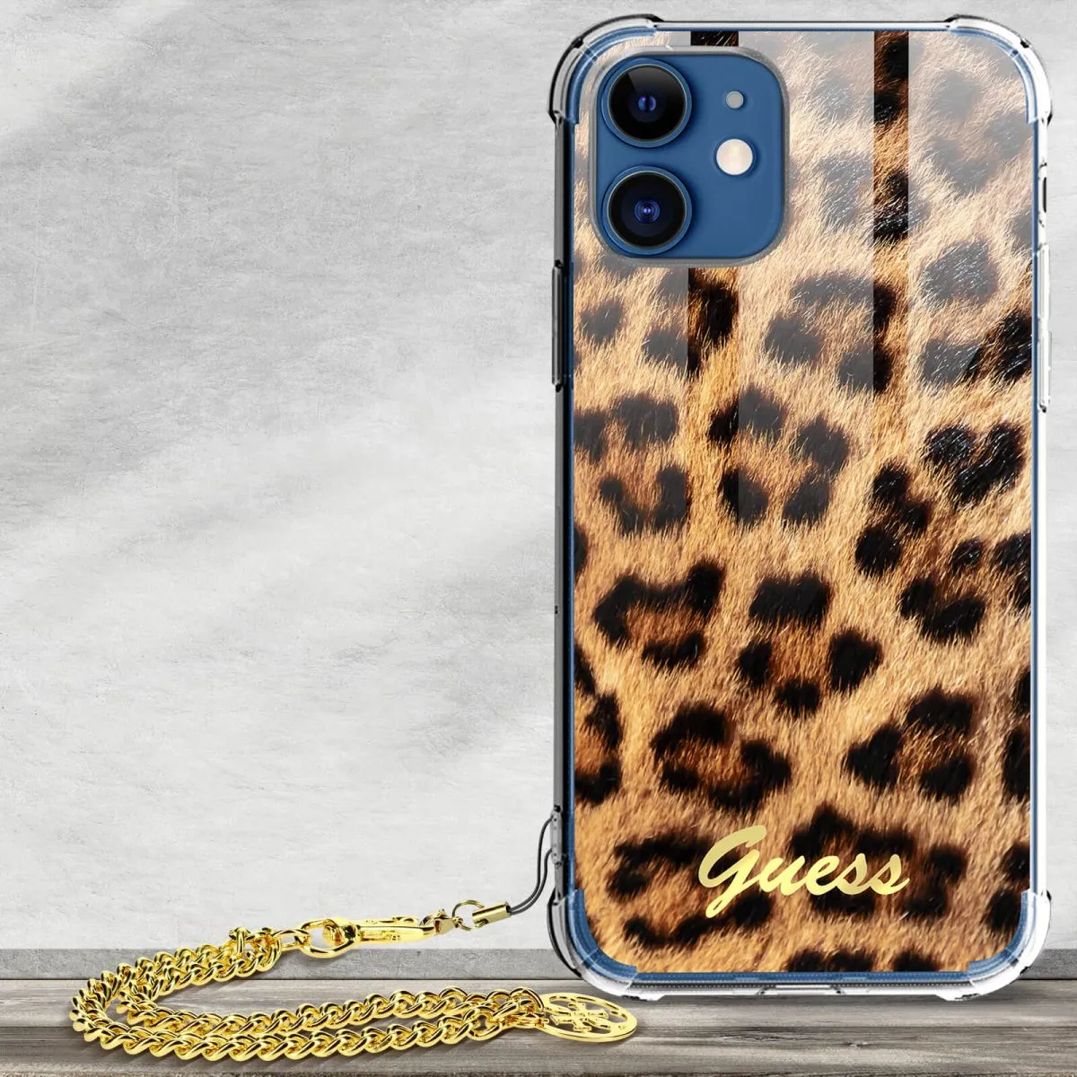 PC Leopard Hard Case with Charm Chain Handle and Printed Script Logo for iPhone 12 Pro