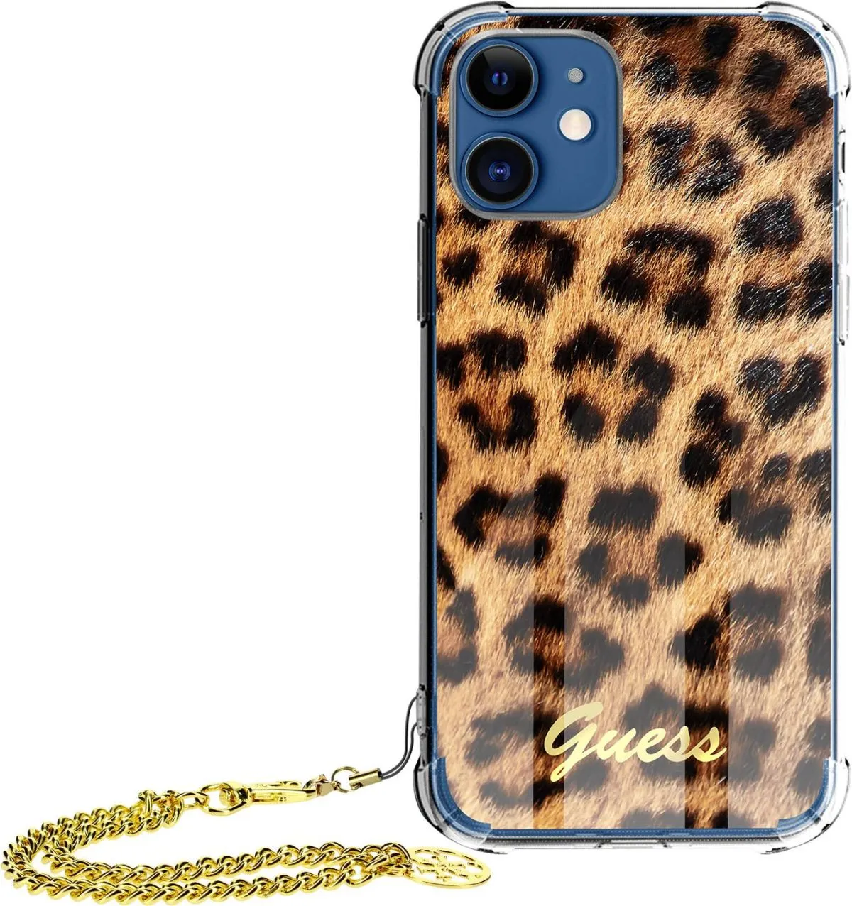 PC Leopard Hard Case with Charm Chain Handle and Printed Script Logo for iPhone 12 Pro