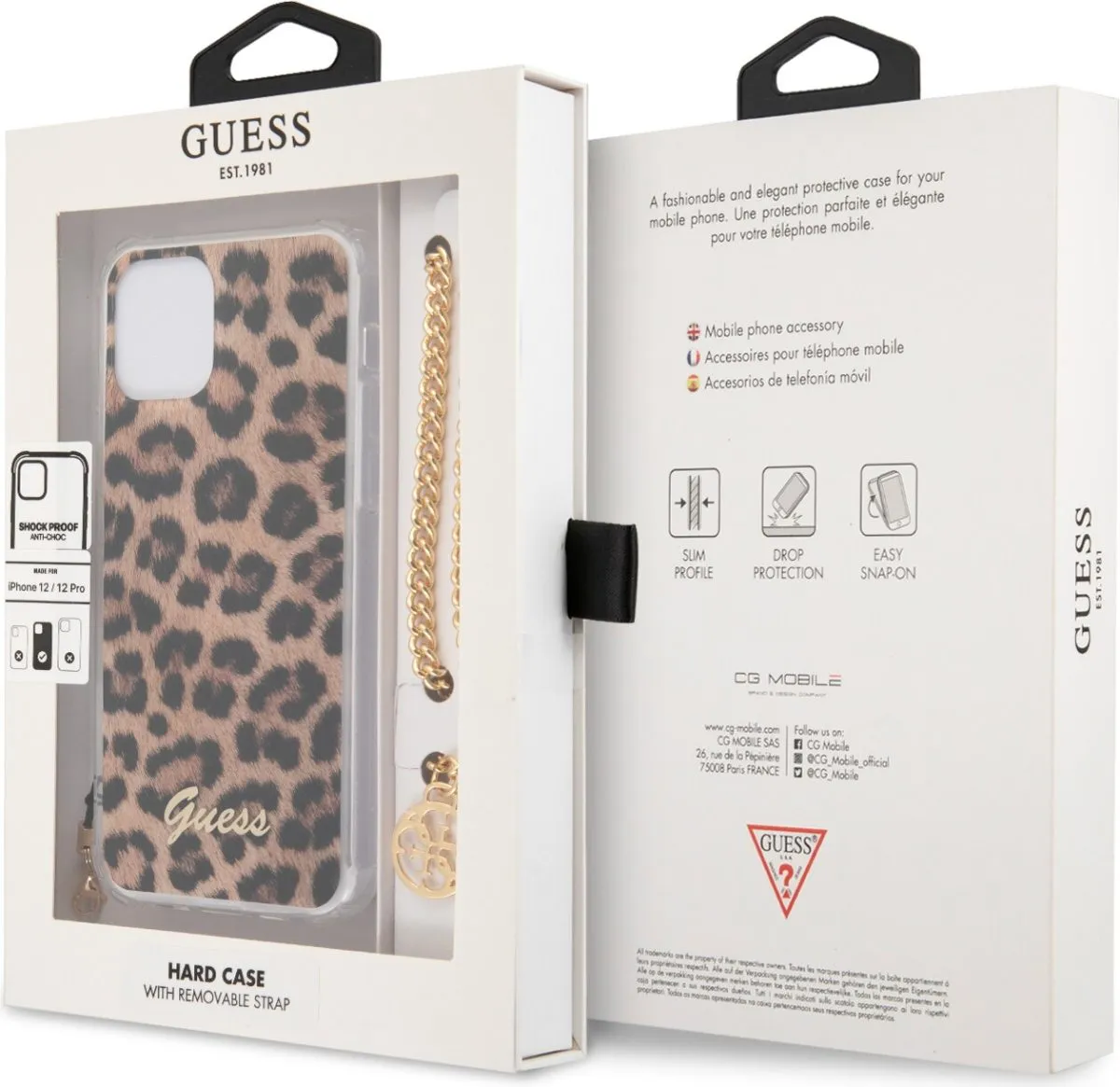 PC Leopard Hard Case with Charm Chain Handle and Printed Script Logo for iPhone 12 Pro