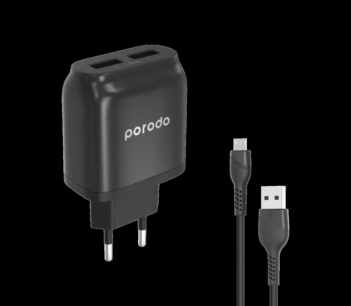 Porodo Dual USB Wall Charger 2.4A with Improved Version PVC Micro USB Cable 1.2m EU - Black