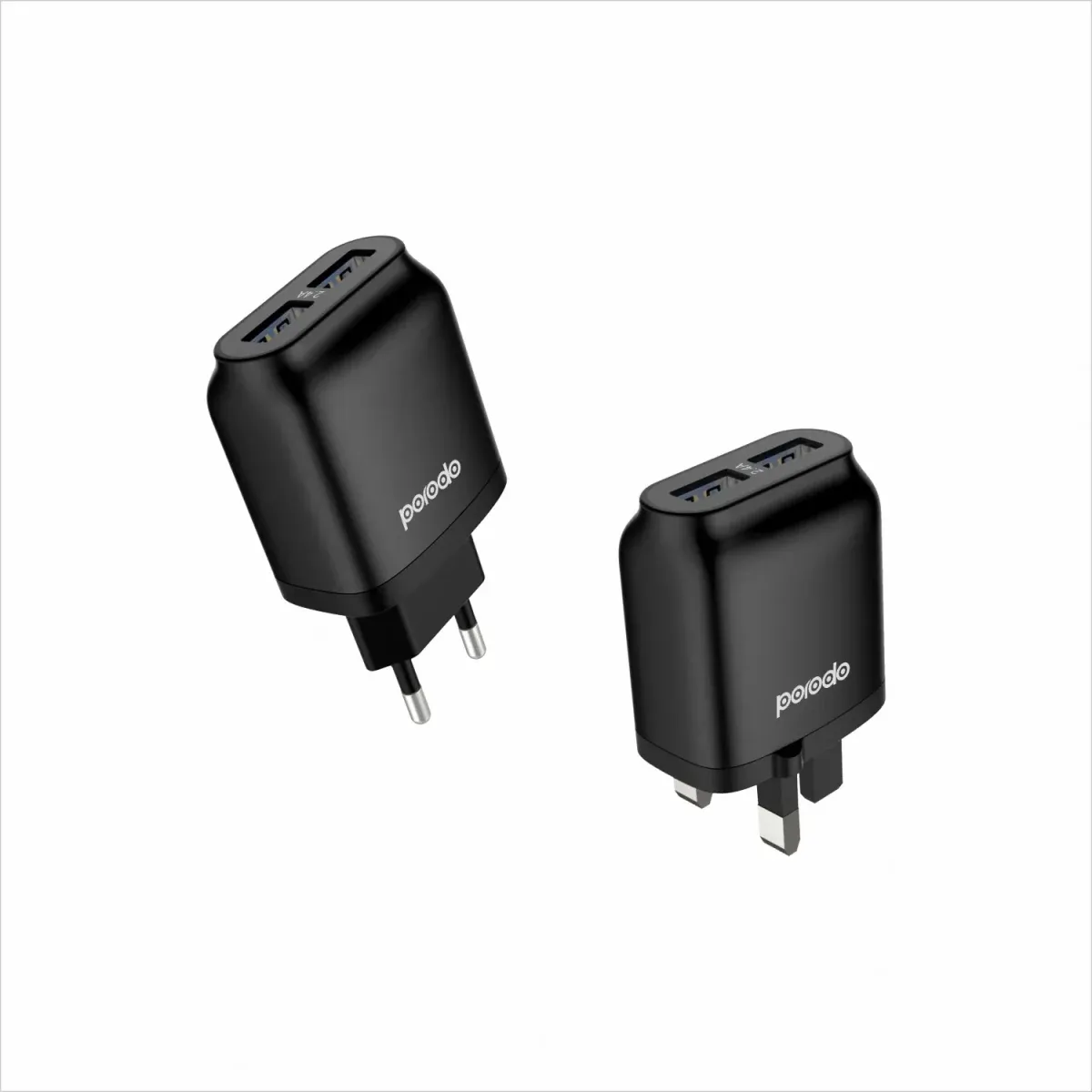 Porodo Dual USB Wall Charger 2.4A with Improved Version PVC Type-C Cable 1.2m EU - Black