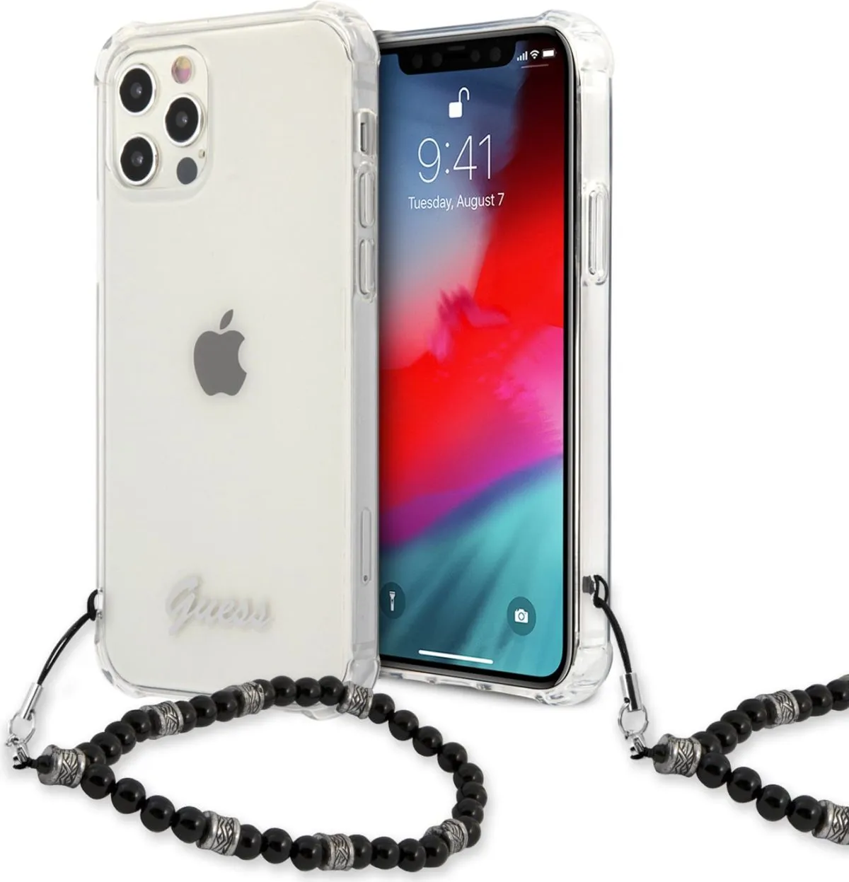 Transparent Hard Case with Pearls Handle and Script Logo for iPhone 12 Pro Max