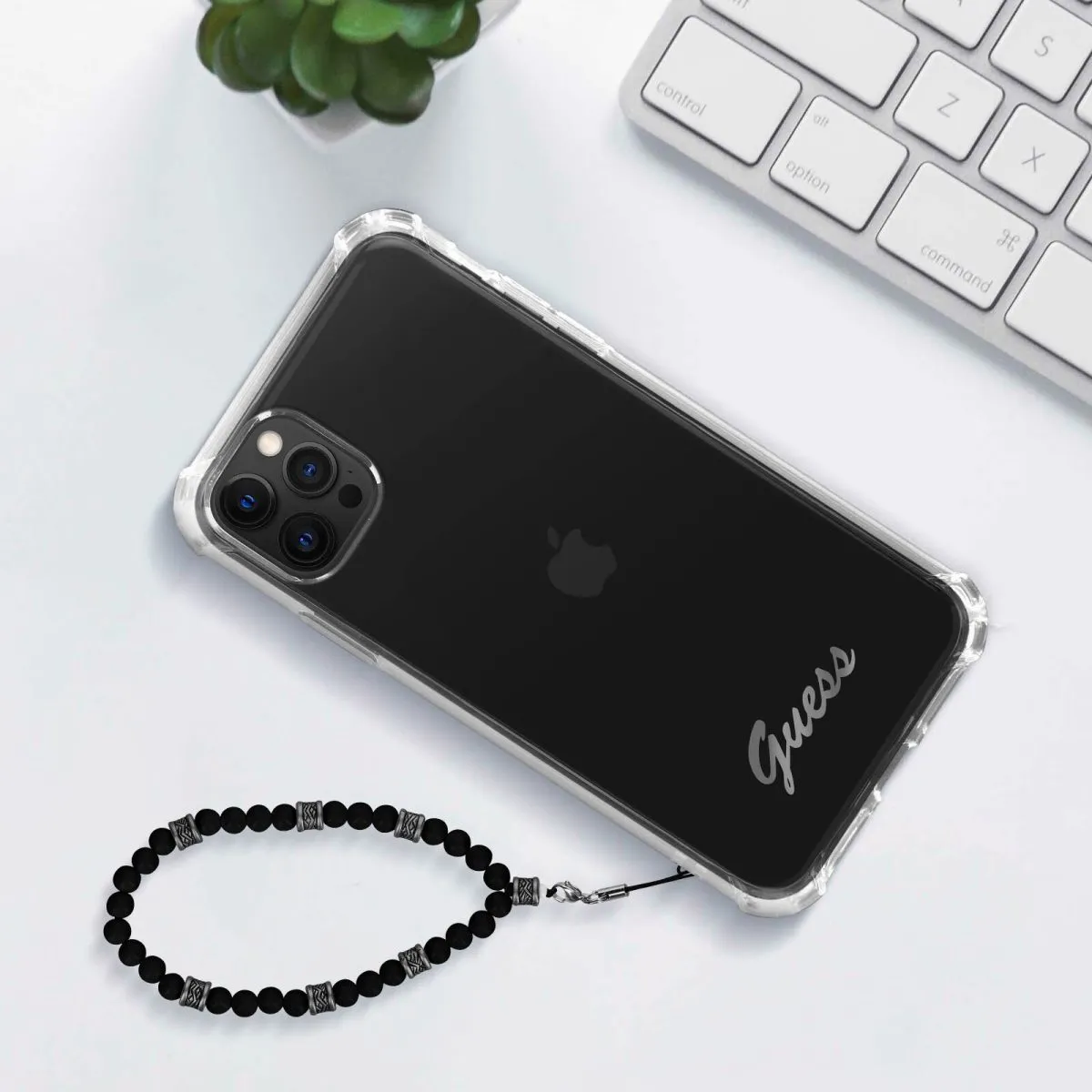 Transparent Hard Case with Pearls Handle and Script Logo for iPhone 12 Pro Max