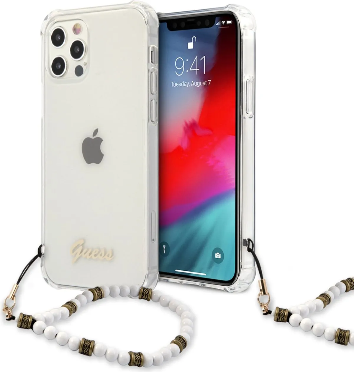 Transparent Hard Case with Pearls Handle and Script Logo for iPhone 12 Pro White Pear