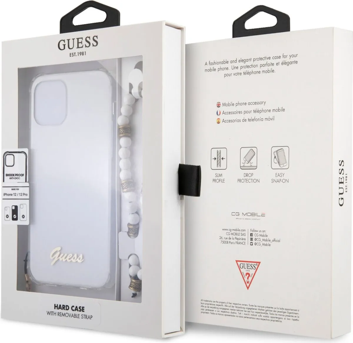Transparent Hard Case with Pearls Handle and Script Logo for iPhone 12 Pro White Pear