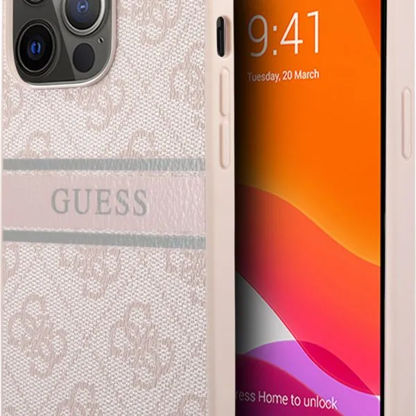 Guess 4G PU Leather Case With Printed Stripe For iPhone 13 Pro (6.1) - Pink