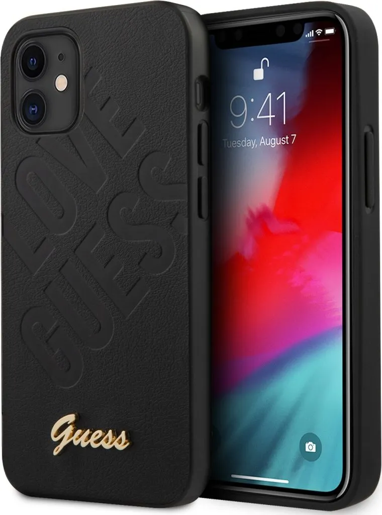 Guess PU Iridescent LOVE Debossed Case w/ Metal Logo for iPhone 12 - Black