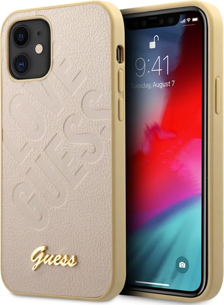 Guess PU Iridescent LOVE Debossed Case w/ Metal Logo for iPhone 12 - Light Gold