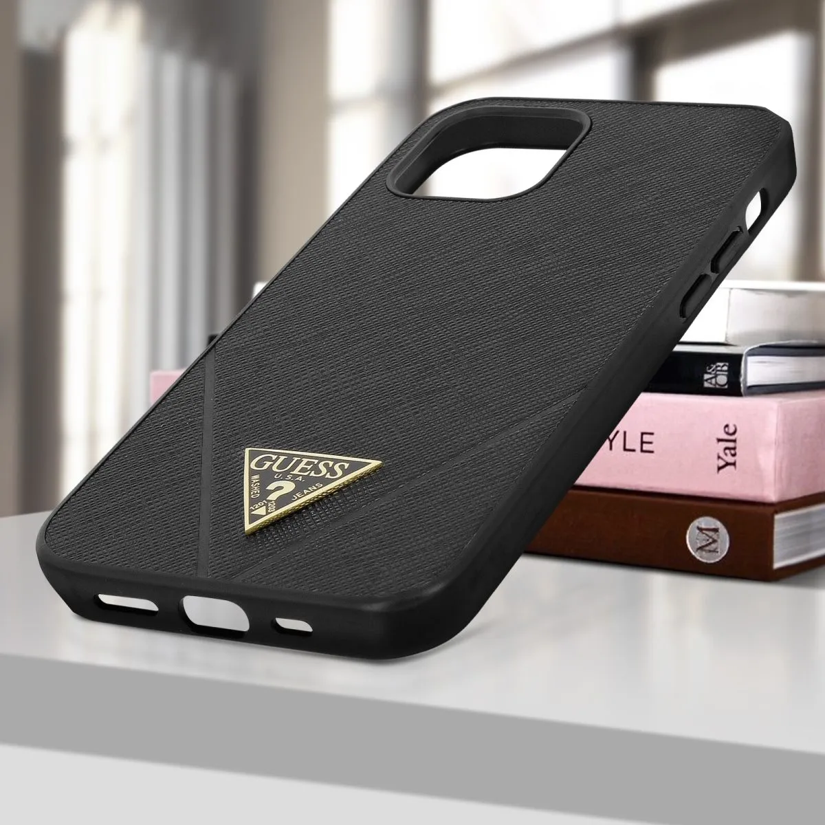 Guess PU Saffiano V Stitched w/ Metal Logo Case for iPhone 12 - Black
