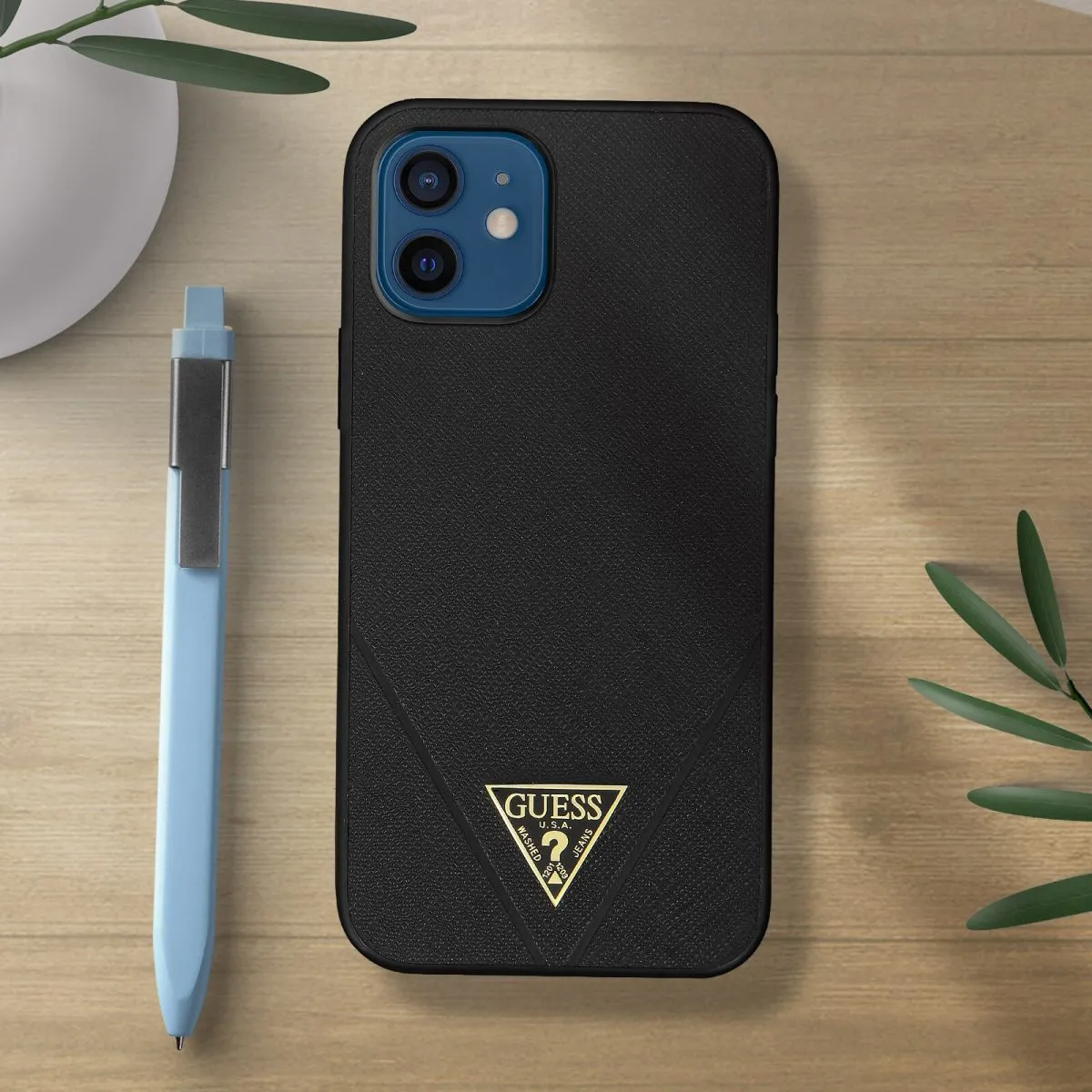 Guess PU Saffiano V Stitched w/ Metal Logo Case for iPhone 12 - Black