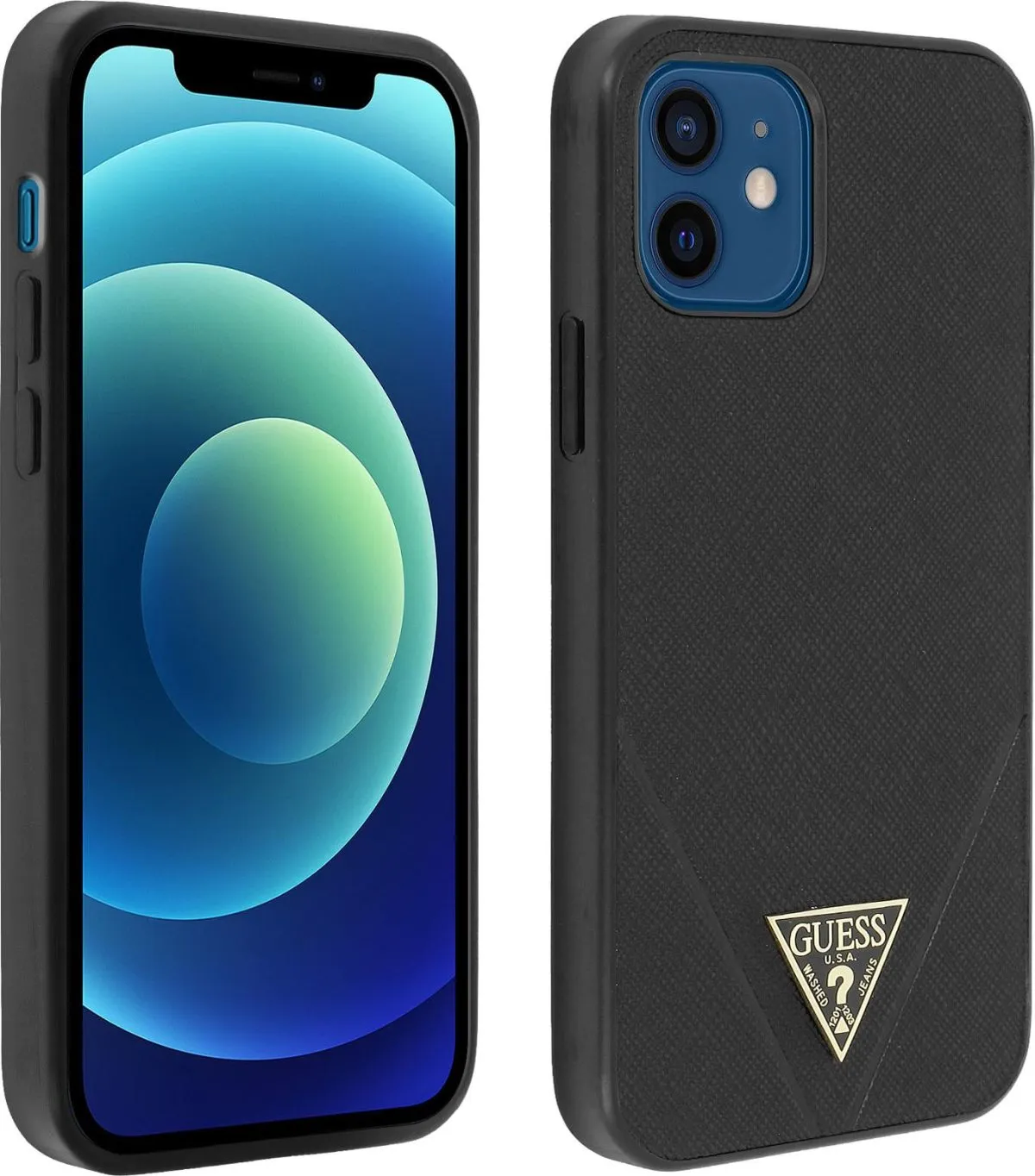 Guess PU Saffiano V Stitched w/ Metal Logo Case for iPhone 12 - Black