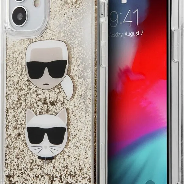 Karl Lagerfeld Liquid Glitter Case Karl and Choupette Heads for Apple iPhone 12 - Gold
