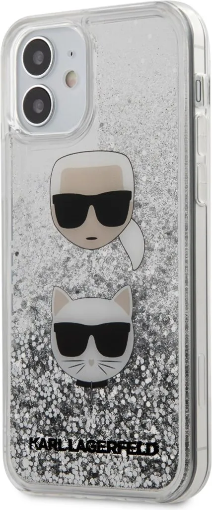 Karl Lagerfeld Liquid Glitter Case Karl and Choupette Heads for Apple iPhone 12 - Silver