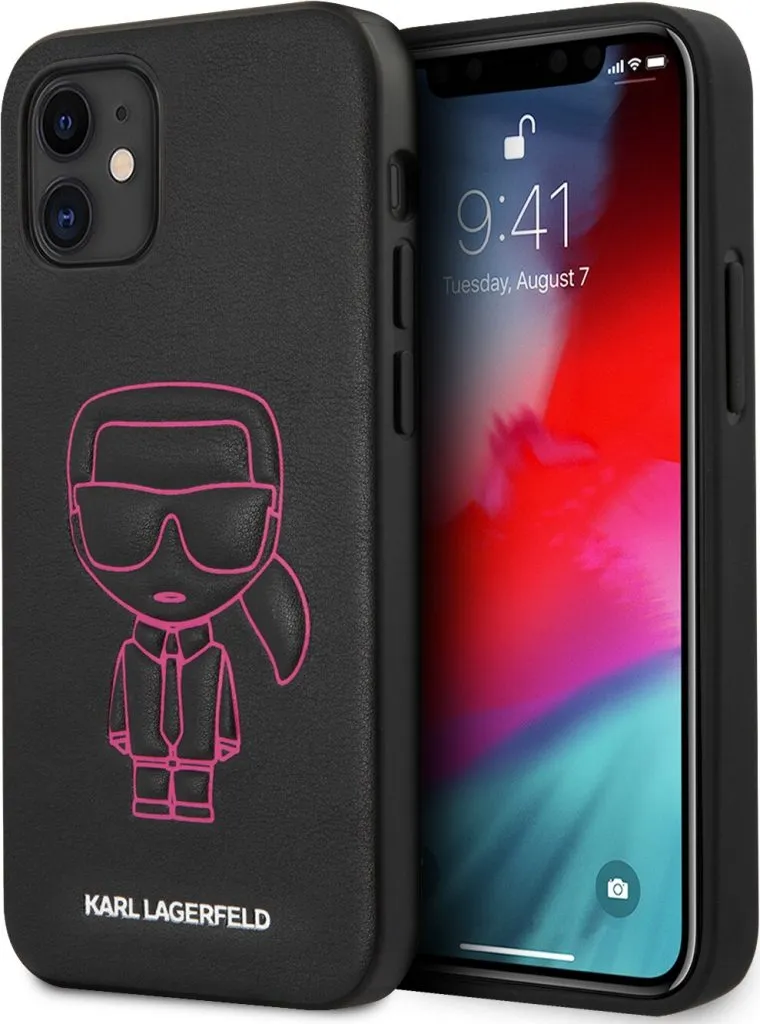 Karl Lagerfeld PU Leather Case Ikonik Outline Embossed and Metal Logo for Apple iPhone 12 - Pink
