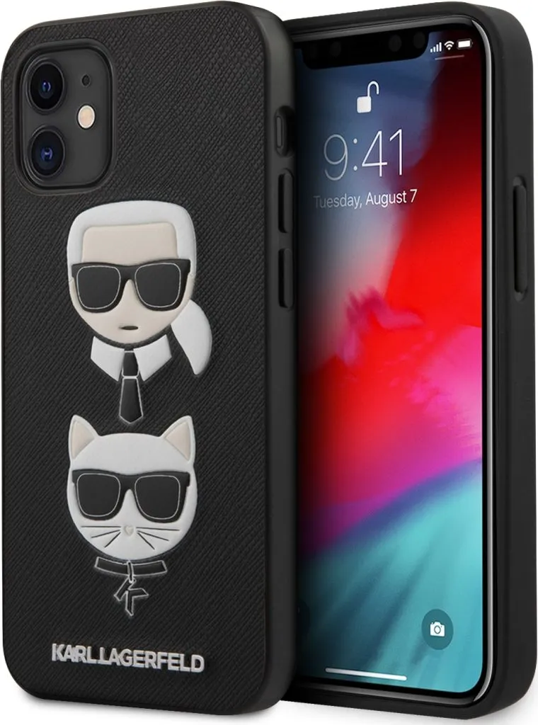 Karl Lagerfeld PU Saffiano Case with Embossed Karl and Choupette Heads for Apple iPhone 12 - Black