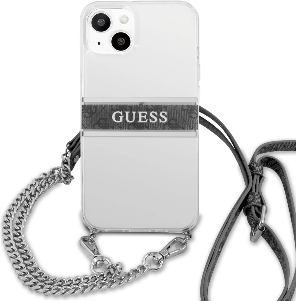 Guess PC/TPU Transparent Case 4G Stripe With Crossbody Chain For iPhone 13 (6.1) - Silver